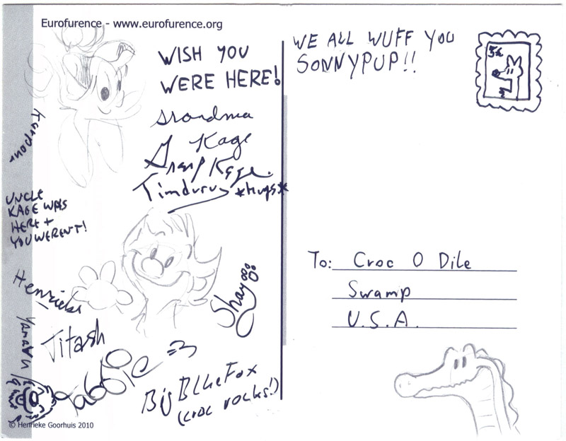 The back of a postcard addressed to Croc, with drawings and signatures by me, Henrieke, Titash, Tabbie, Yamavu, Sonny, BBF, Timduru and Uncle Kage