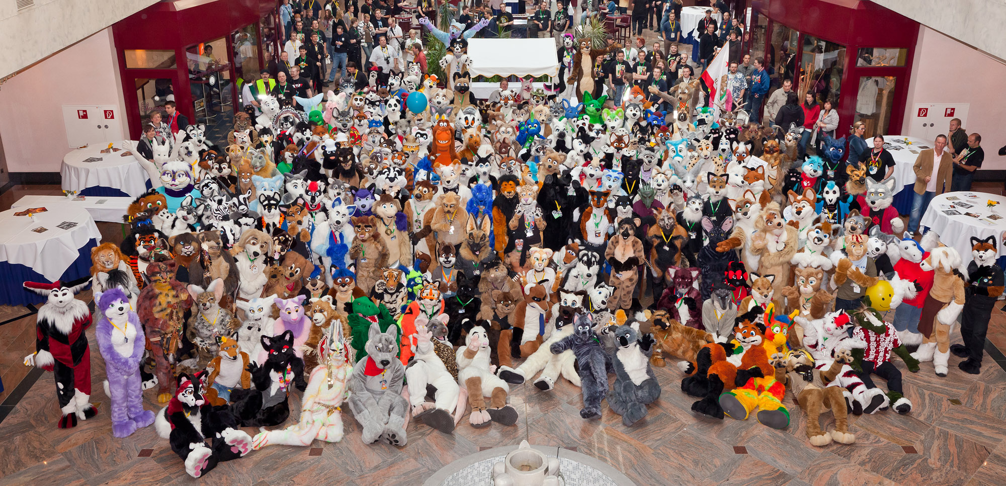 The fursuit group photo in the lobby of the Maritim hotel.