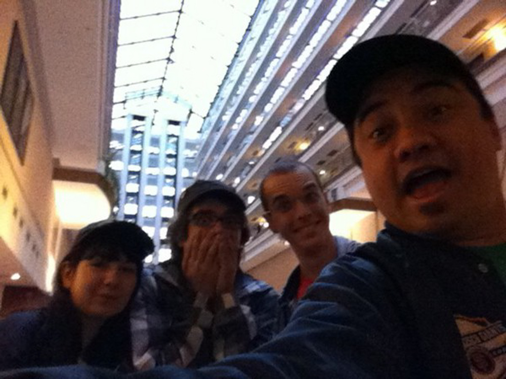 Spikie, Tabbie, me and Yippee in the lobby of the Maritim Hotel in Magdeburg