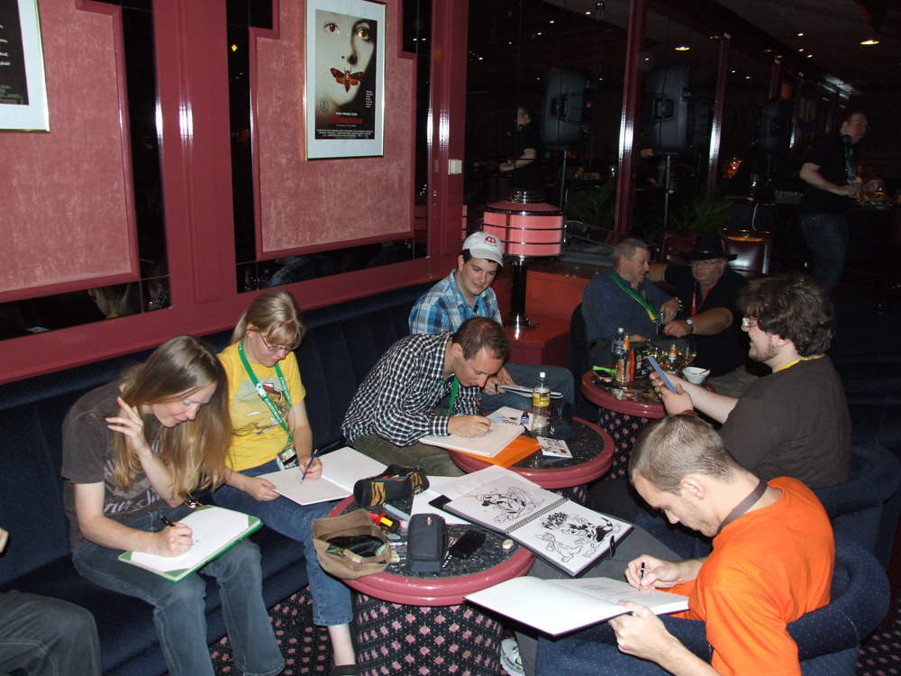 Dark Natasha, Henrieke, Titash, TopDog, me and Philot art-jamming in the Piano bar of the Maritim hotel