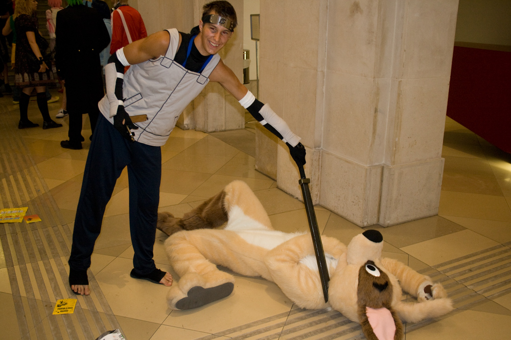 Dog, regretting his actions as he is about to be impaled by the very person he stole the sticky weapon from