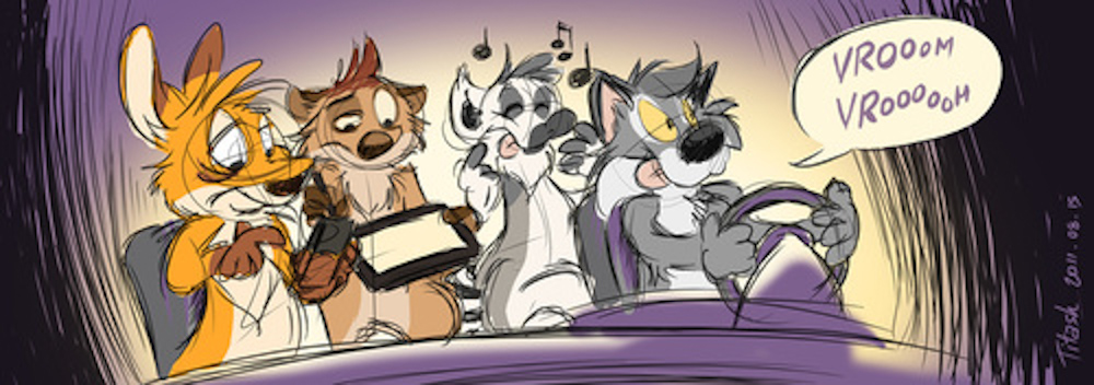 A drawing of Karpour typing on his HTC G1, Titash drawing on his HP convertible, Henrieke listening to music and Tabbie on the steering wheel.