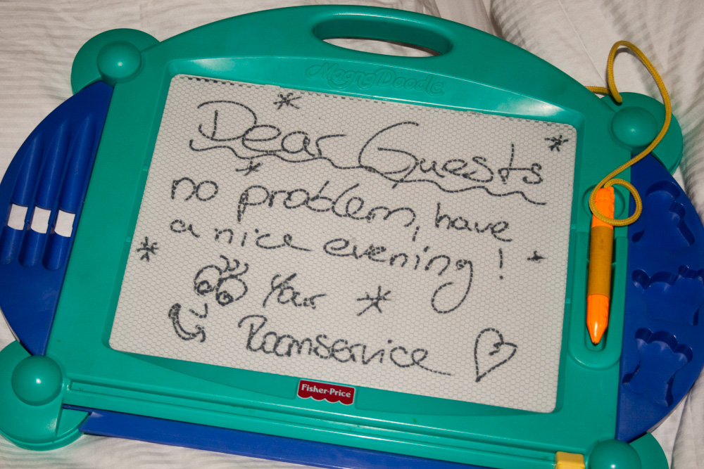 An Etch-A-Sketch with the message: "No Problem, have a nice evening"