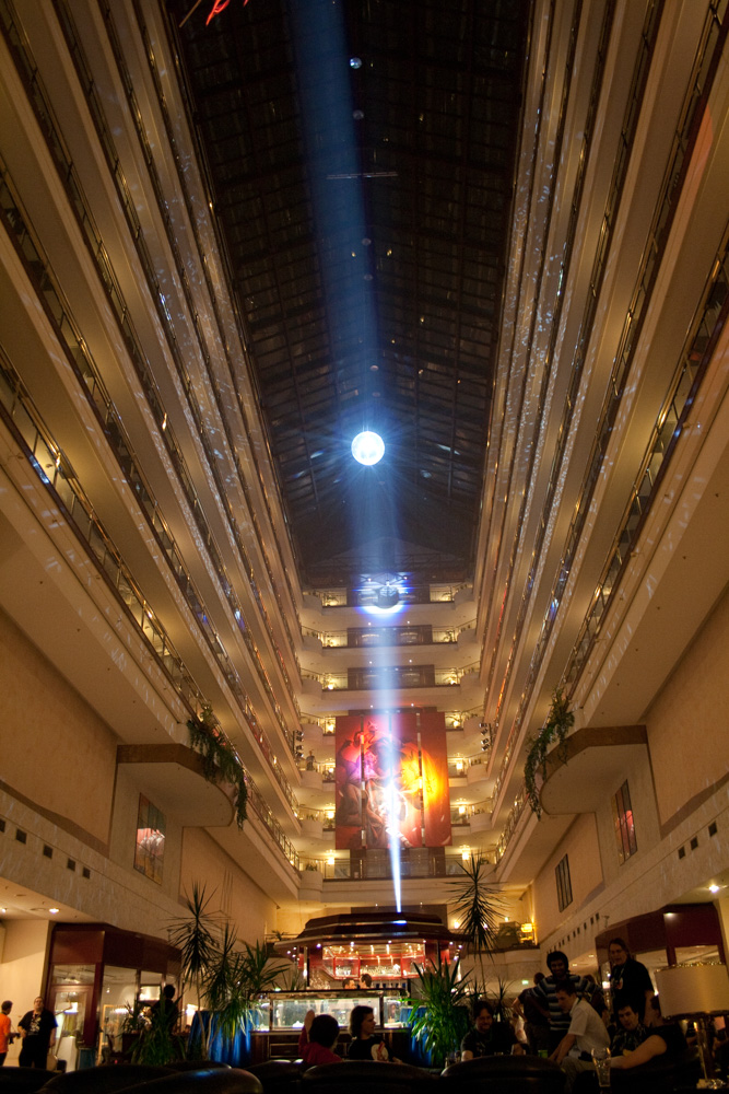 The lobby with a giant illuminated disco ball.