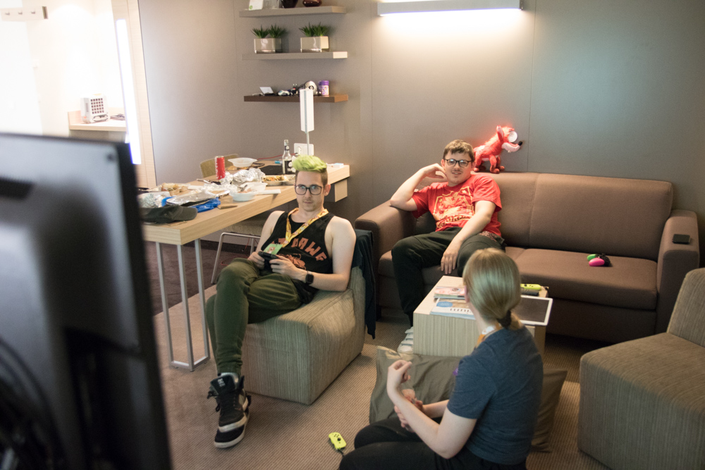 Mag, Chiros and Henrieke hanging out on Yotie's suite.