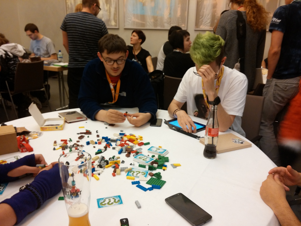 Playing some Lego Creationary in the Artist Lounge