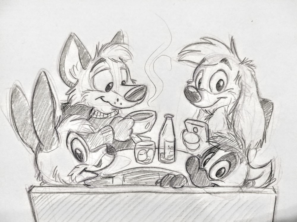 A drawing of Tabbie, Yamavu, Karpour and Kiki having our last meal in Denmark