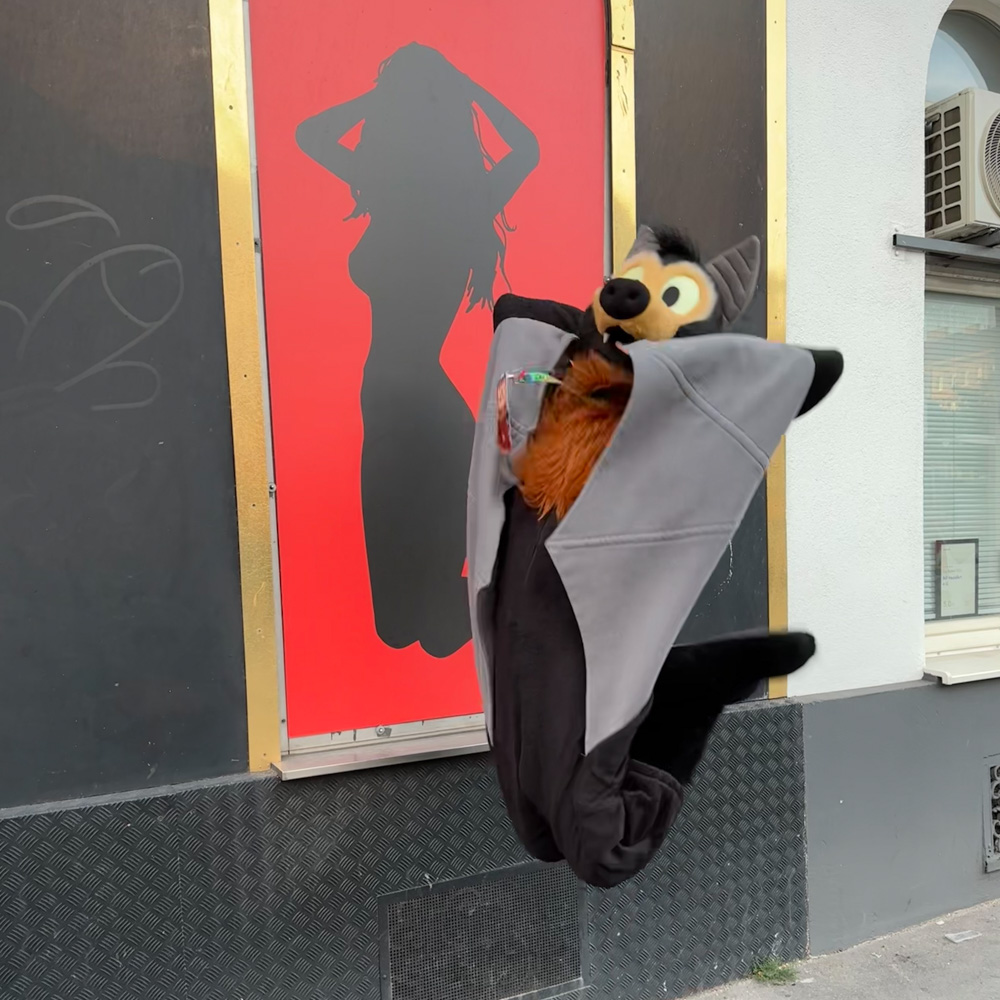 Baseball the bat imitating a pose of a sex worker on the window of a brothel