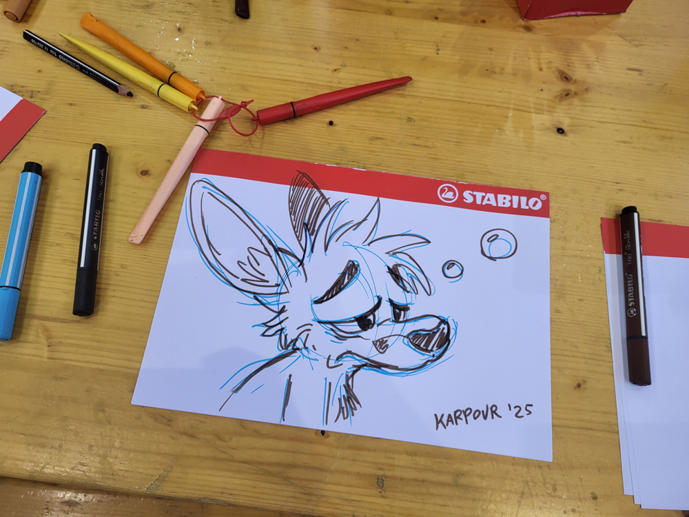 Drawing of a tired Karpour